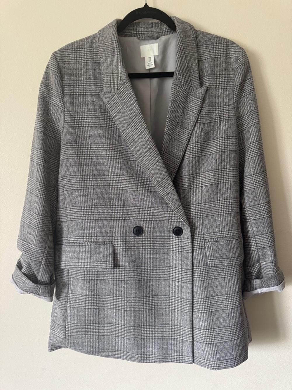H&M Grey Glen Plaid Double-Breasted Blazer